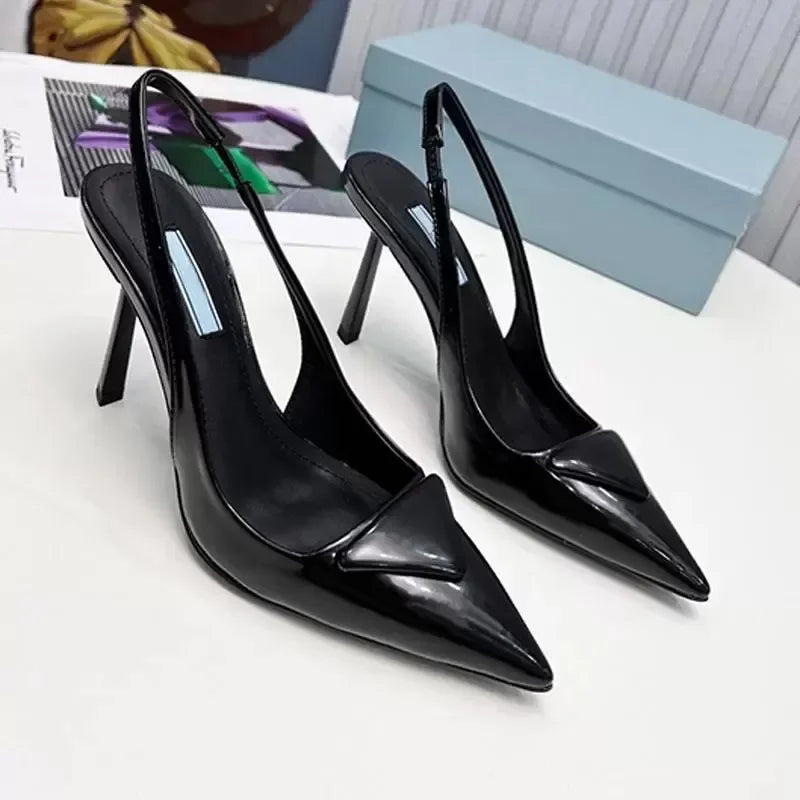 kitten Slingback Women Designer High Heels Dress Shoes Designer Pumps Black Leather Pointed Toe Sandals Slingbacks Pump White He