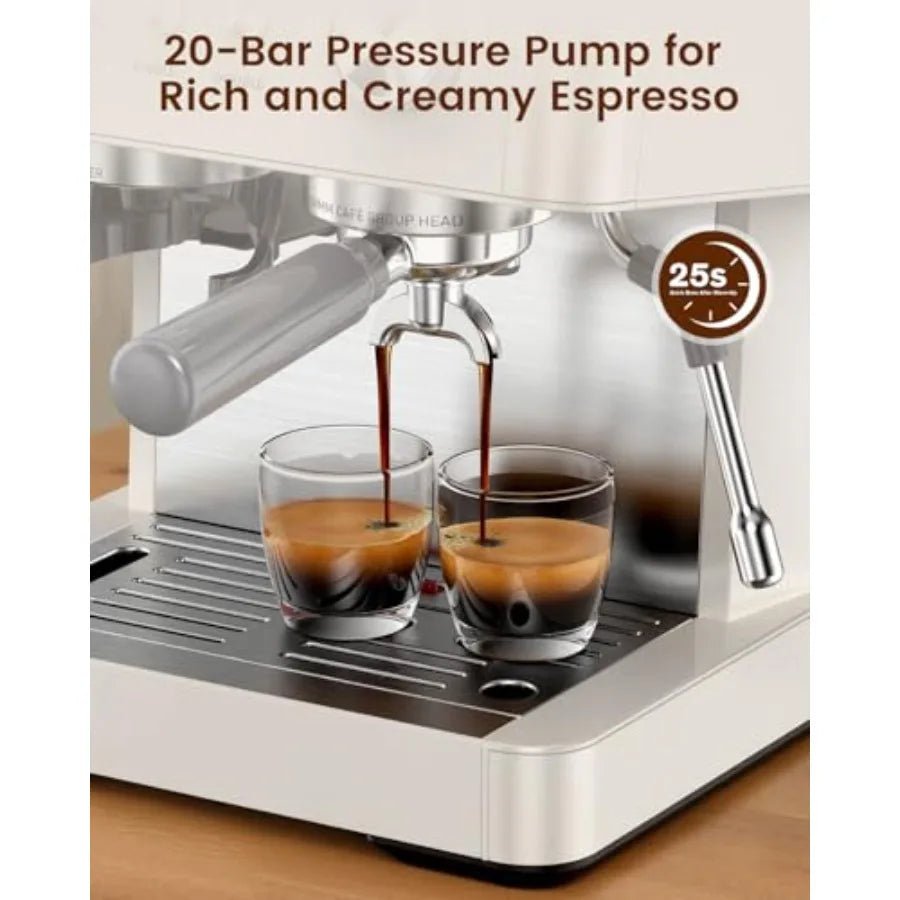 20 Bar Espresso Machine with Built-in Anti-Clog Coffee Grinder for Lattes White Espresso Maker with Milk Steam Wand Frother Tam