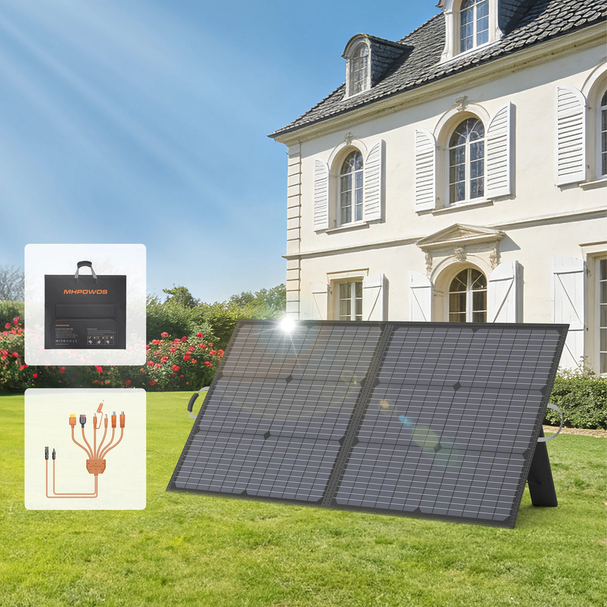 MHPOWOS Solar Charger 110W Portable Solar Panel, High 23.5% Efficiency, IP67 Water & Dustproof Design for Camping, RV Backyard