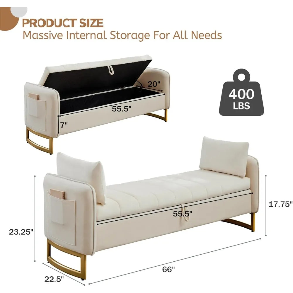 Velvet Storage Bench with Arms Gold Legs 2 Pillows Pockets King Bedroom Living Room Entryway 66", Customized