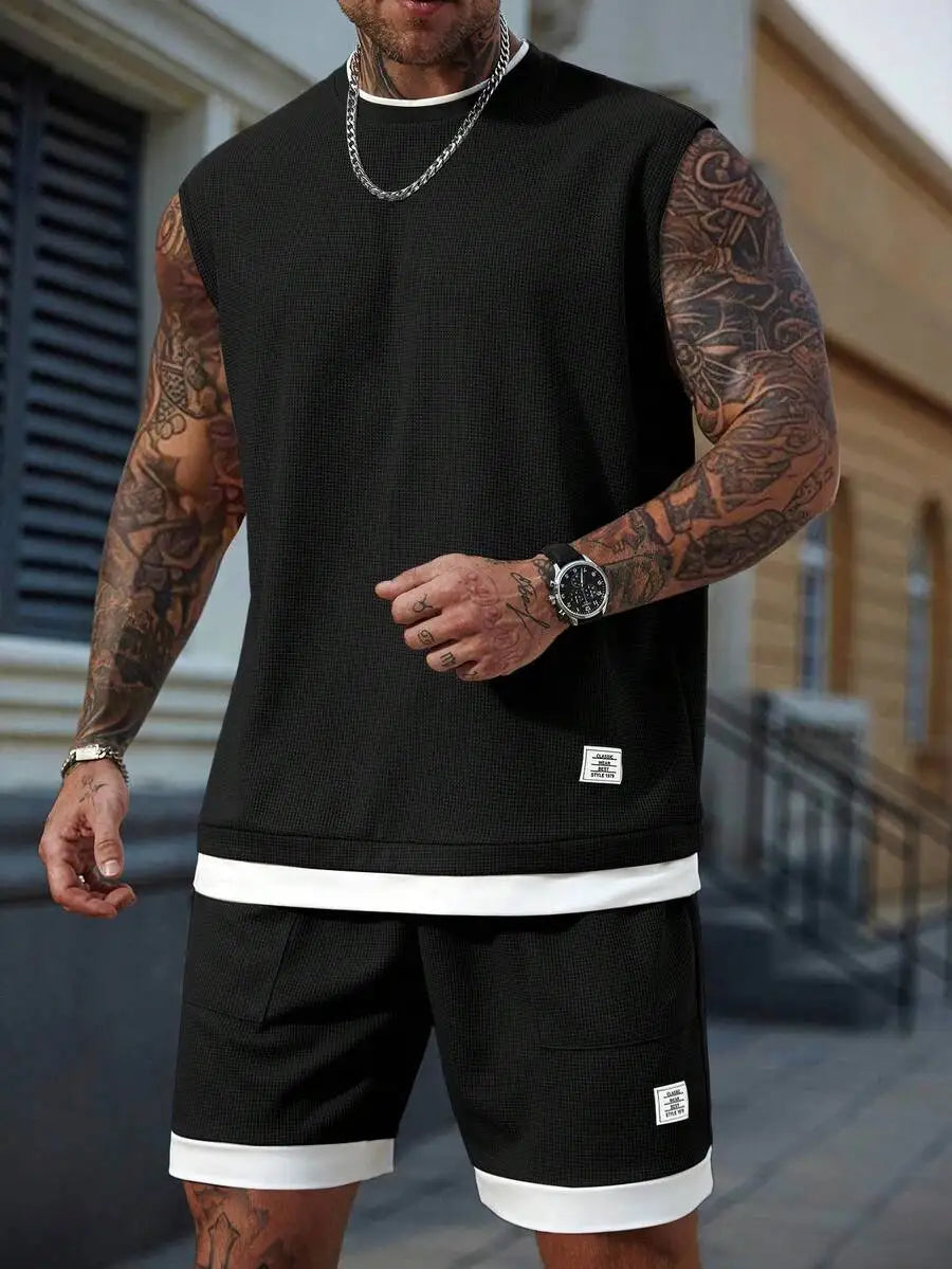 Beige Waffle Knit Sleeveless Tank Top and Shorts Set for Men, Casual Summer Two-Piece Outfit