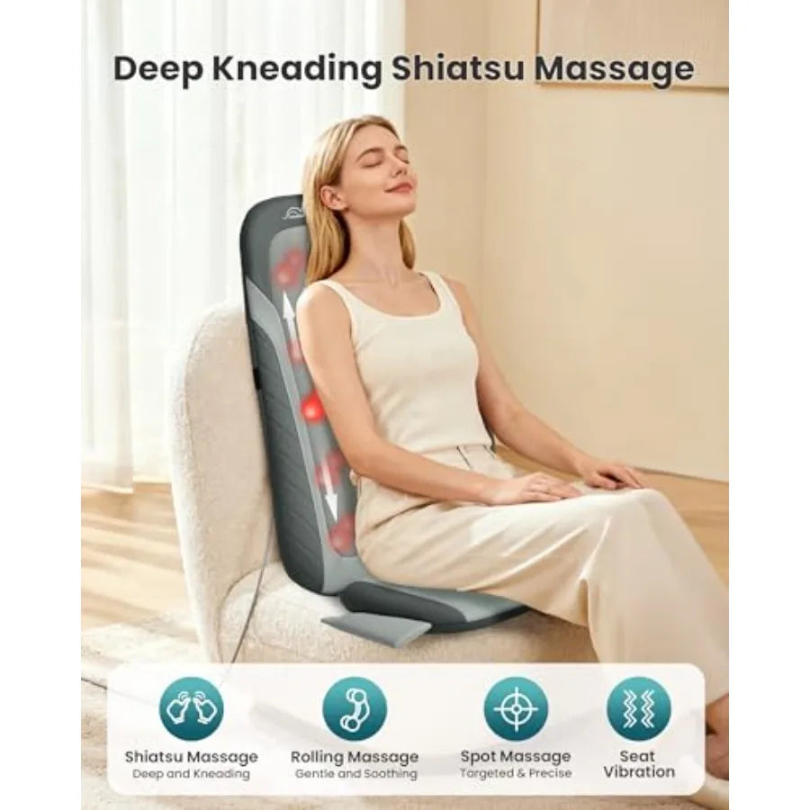 Shiatsu Back Massager with Heat for Pain Relief Deep Tissue Rolling Massage Pad in Black Long-Lasting Comfort Chair Pad Ideal f