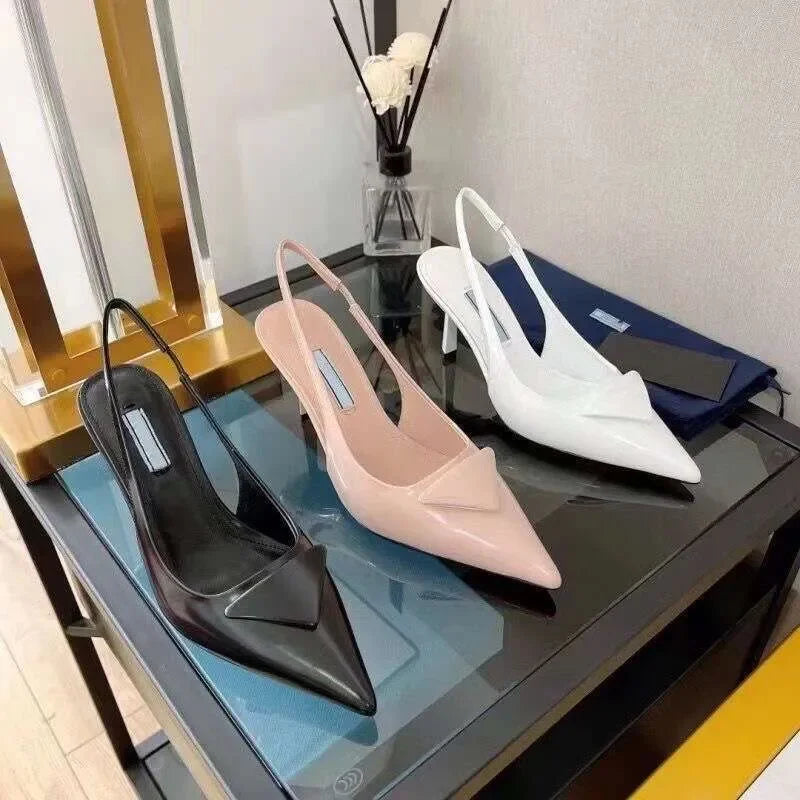 kitten Slingback Women Designer High Heels Dress Shoes Designer Pumps Black Leather Pointed Toe Sandals Slingbacks Pump White He