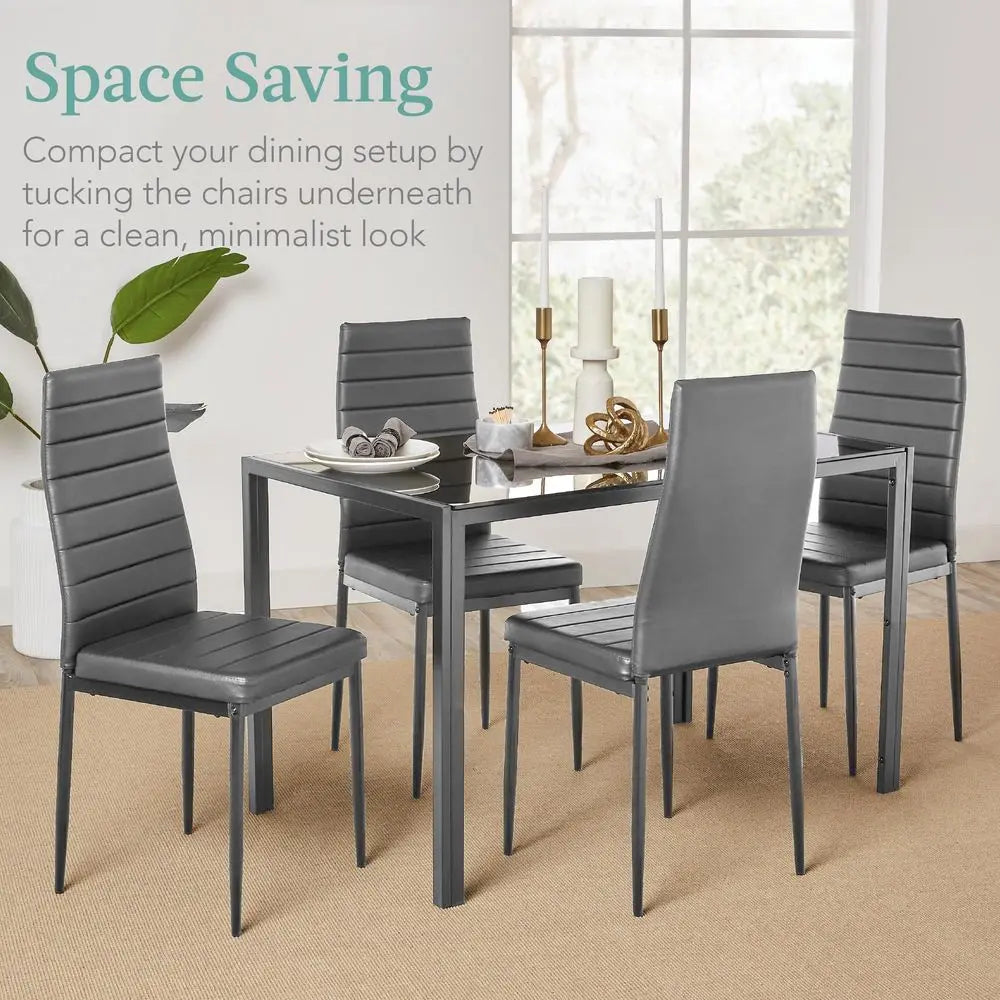 Glass Dining Set, Modern Kitchen Table Furniture for Dining Room, Dinette, Compact SpaceSaving w Glass Tabletop, 4 Uphols