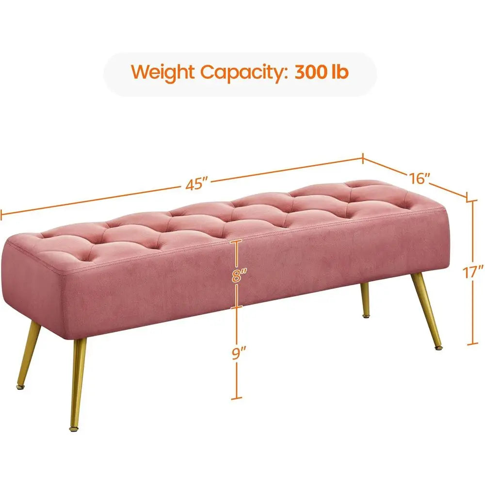 45 Upholstered Button-Tufted Ottoman Bench, Metal Legs, Suitable for End of Bed or Living Room, Pink Velvet Fabric