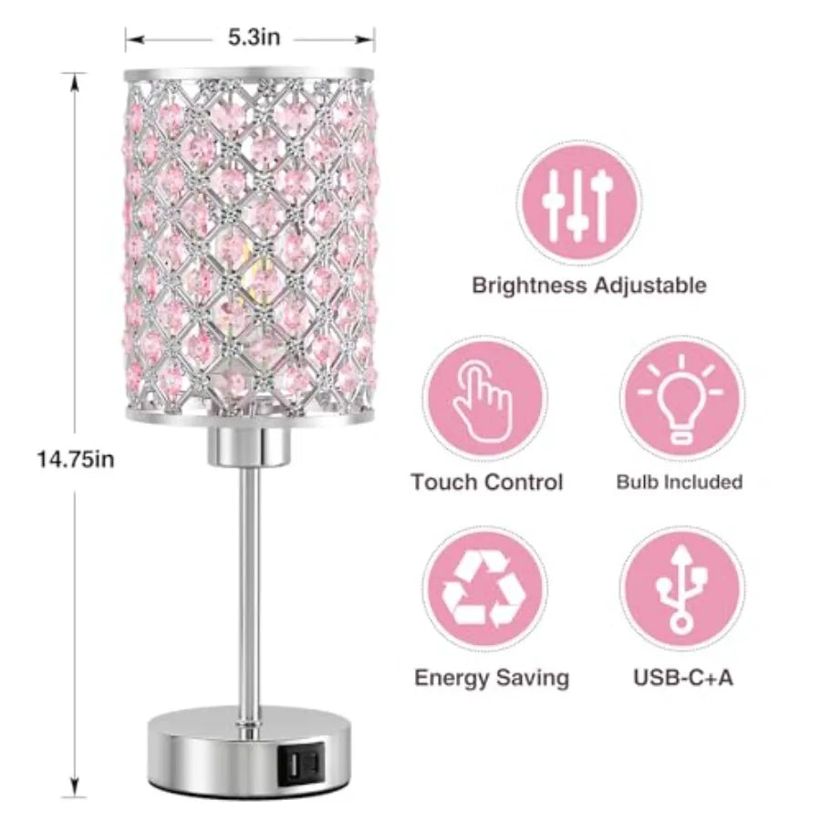Crystal Table Lamp Touch Lamp with USB C+A Ports Dimmable Lamp with Crystal Shade Bedside Lamp Small Lamp for Girl Bedroom Livi