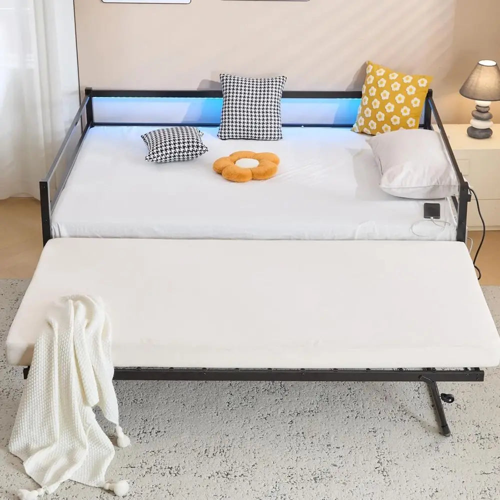 Metal Daybed with Up Trundle Bed Twin, Sofa Daybed with Charging Station, LED Lights, Heavy Duty Steel Slats, Pull Out Trundle,