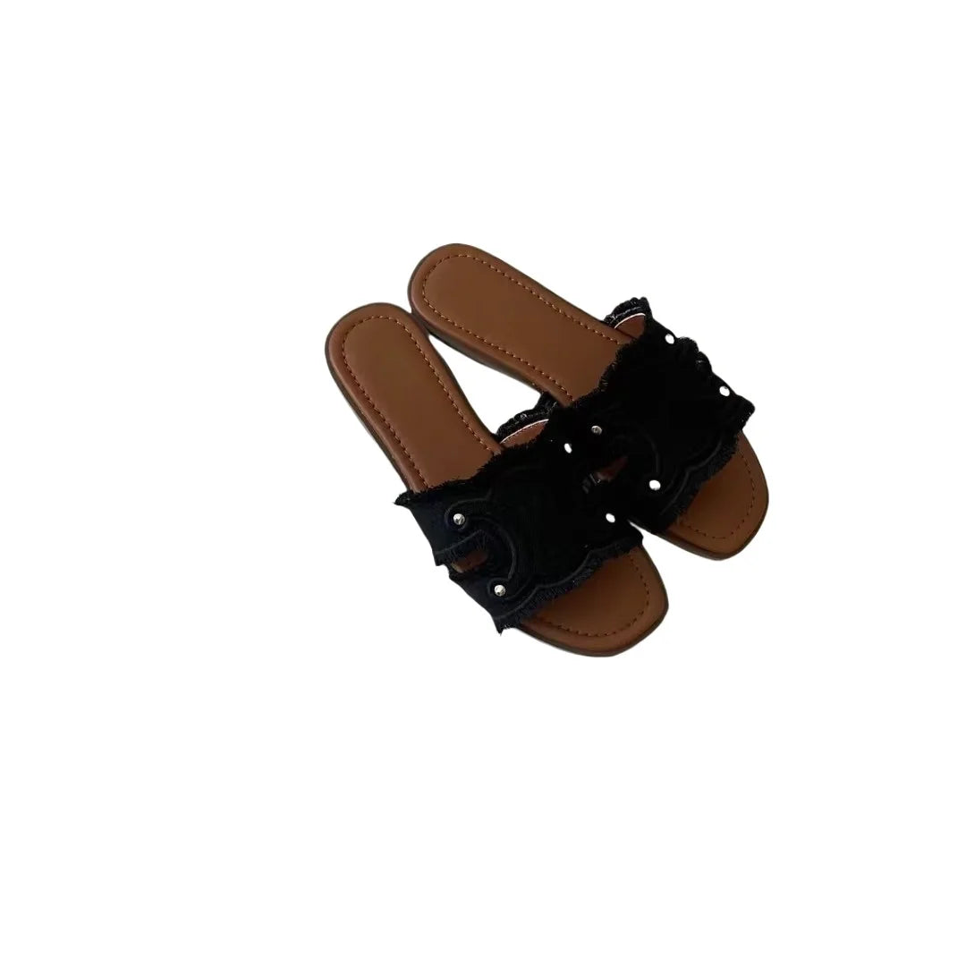 Early summer new retro flat slippers for women, one line drag denim fringed slippers, beach slippers
