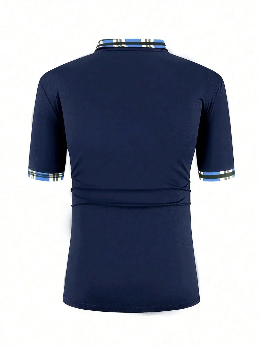 Navy Blue Men's Short Sleeve Polo Shirt with Plaid Trim Collar and Cuff