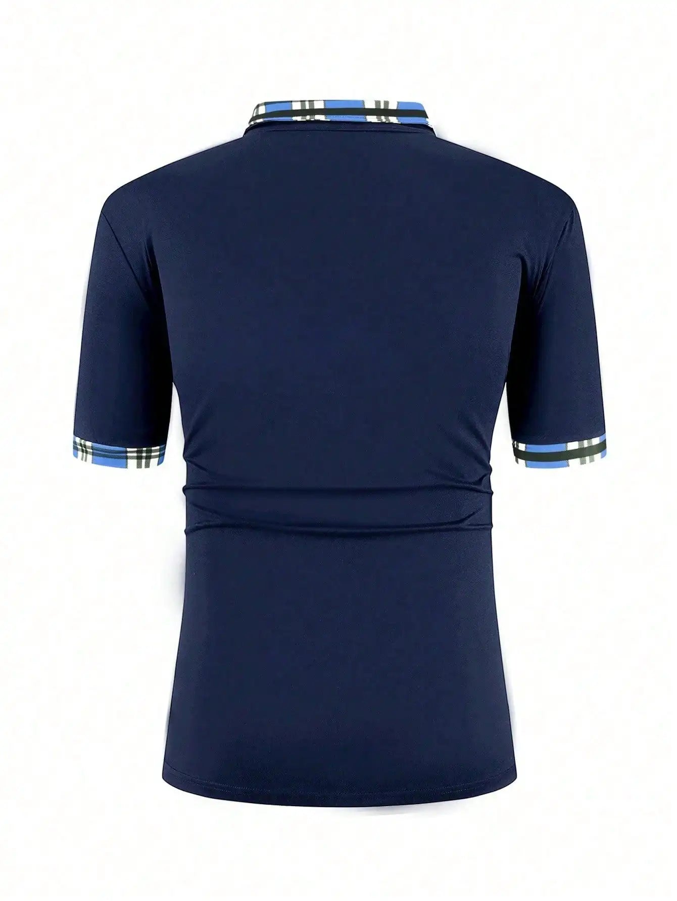 Navy Blue Men's Short Sleeve Polo Shirt with Plaid Trim Collar and Cuff