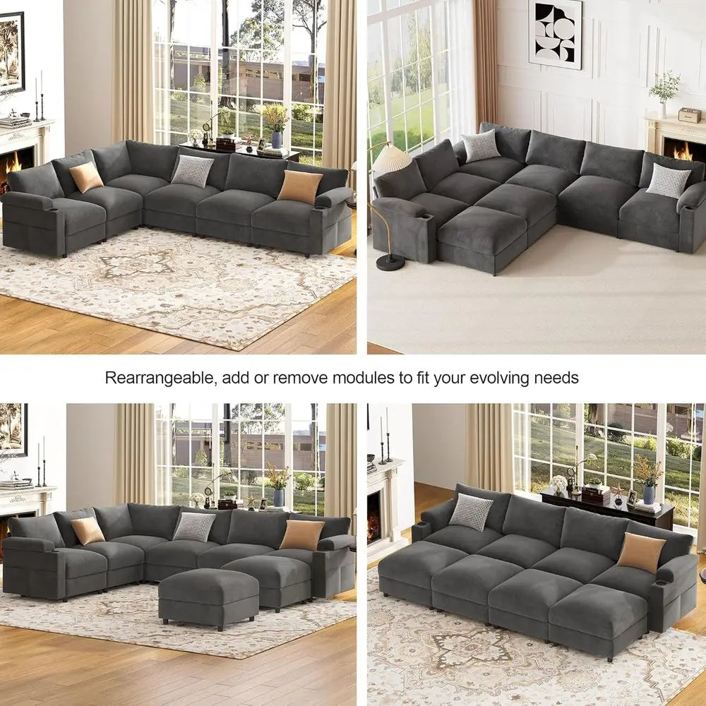 Velvet Grey V-Shaped 6-Seat Sectional Couch with Oversized Cloud-Shaped Sleeper Sofa and Detachable Chaise