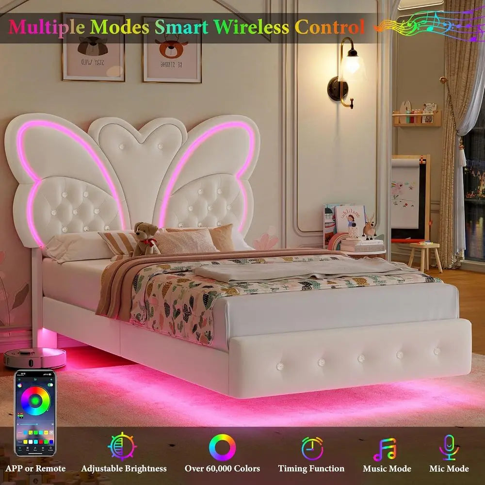 Modern Butterfly Upholstered Twin Bed Frame with LED Lights, Button Tufted Headboard, Footboard, Slats Support, No Box Spring Ne