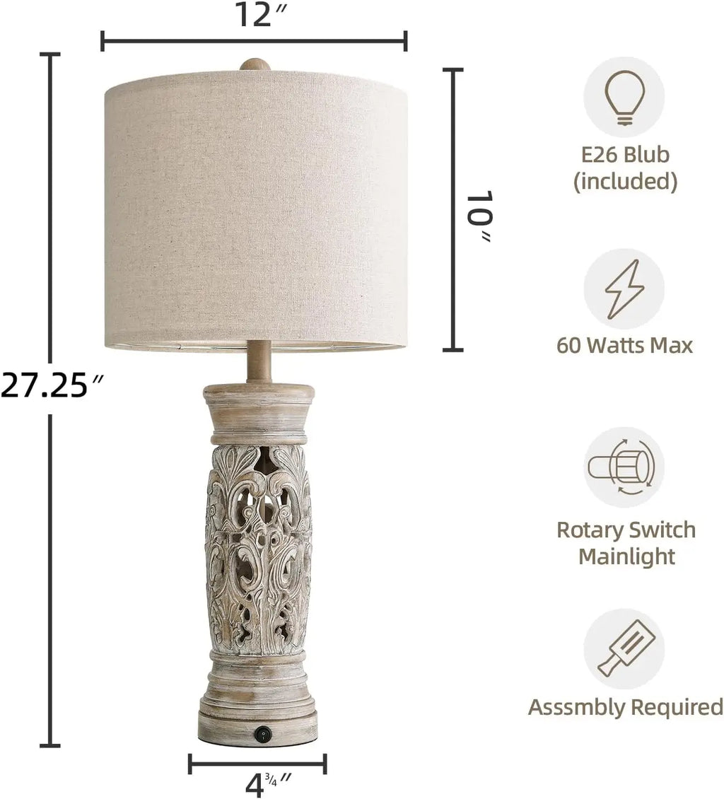 27.25" Rustic Farmhouse Table Lamps Set of 2 - Vintage Bedside Lamps with Night Light & USB Ports, Bulbs Included