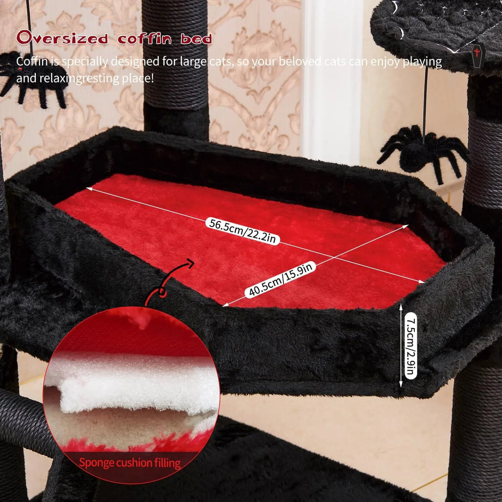 Gothic Cat Tree with Coffin Bed, 55" Tower for Large Cats, Multi-Level Play Furniture in Black Halloween Style