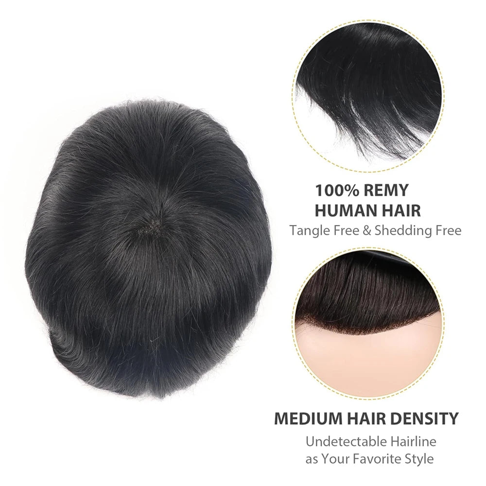 【TIMIA】Men's wig 0.1 Toupee Straight Hair 8"x10" With 130% #1B Nuture Black Men's PU Skin Base Human Hair System Toupee