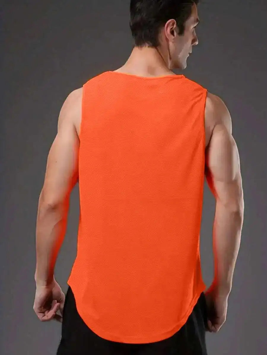 Men's Orange Motivational Slogan Print Round Neck Casual Tank Top