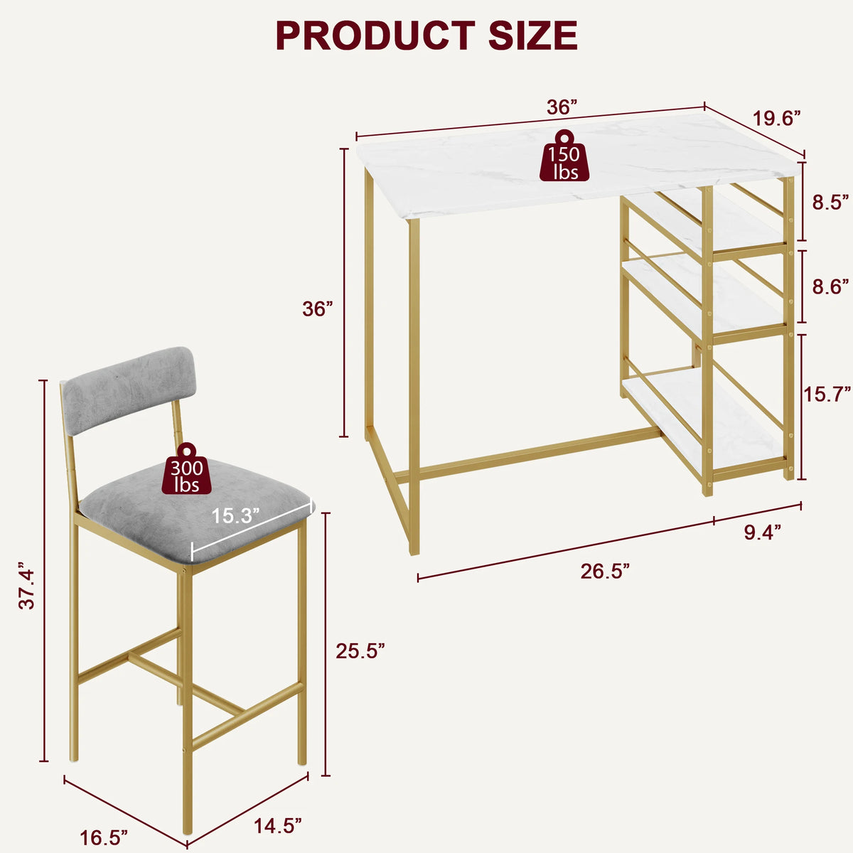 3 Pieces Dining Room Table Set for Small Space Apartment Counter Height Kitchen Table and Chairs Bar Stools Gold