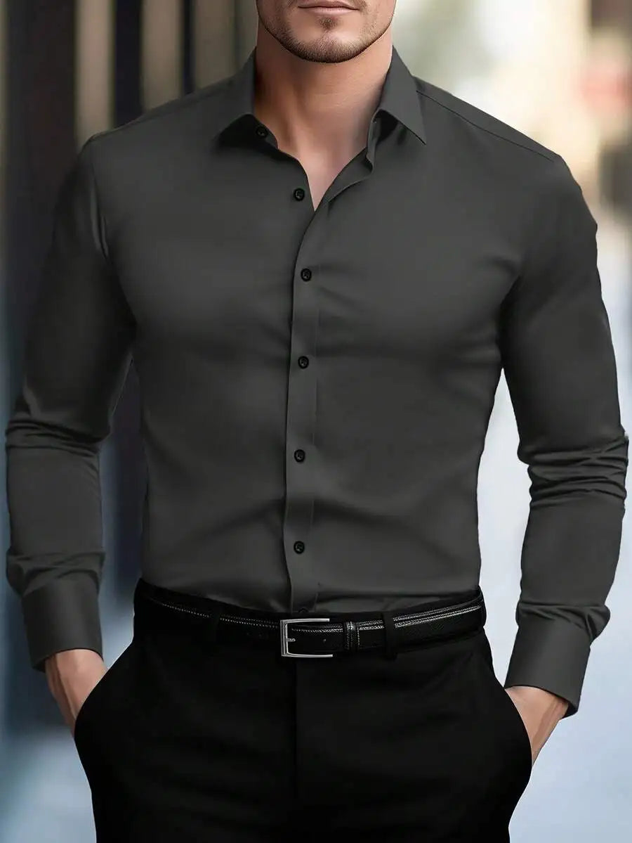 Men's Solid Cream Slim Fit Long Sleeve Button-Down Shirt for Business Casual Wear