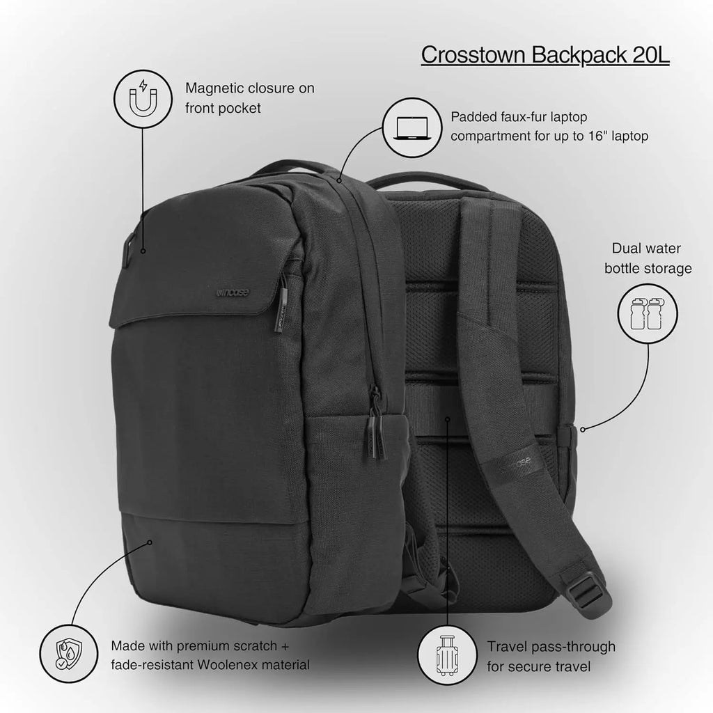 20L Everyday Laptop Backpack for Work and Travel with 16" Faux Fur Sleeve, Front Pocket, Water Bottle Pockets - Black