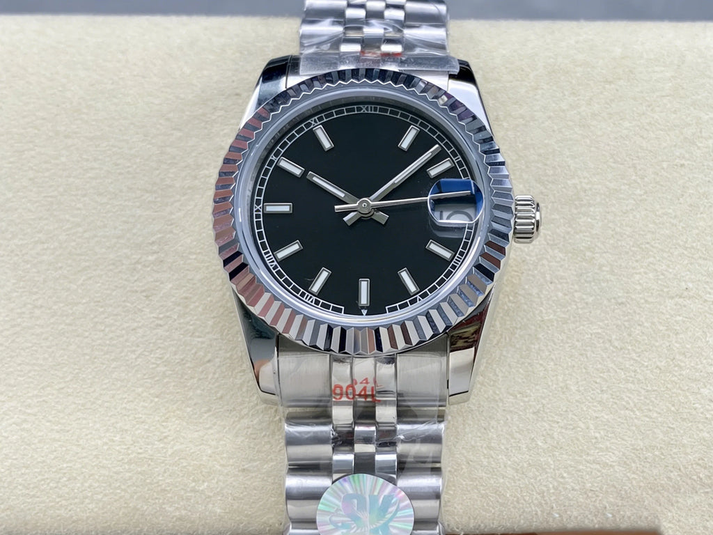 Customized luxury women's watch, featuring a 31mm dial, stainless steel strap, and fully automatic mechanical movement