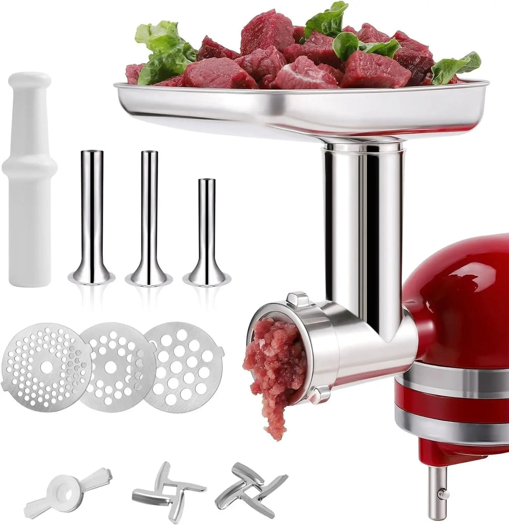 Stainless Steel Food Grinder Attachment for Kitchen Mixers, Dishwasher Safe with 3 Sausage Tubes