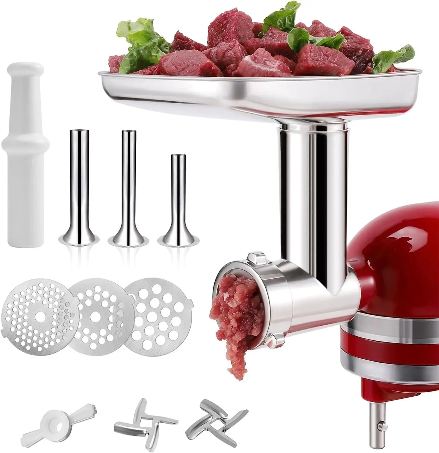 Stainless Steel Food Grinder Attachment for Kitchen Mixers, Dishwasher Safe with 3 Sausage Tubes