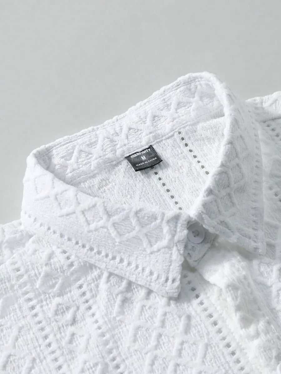 Men's Casual Short Sleeve Shirt with Textured Diamond Pattern, Lightweight Breathable Fabric for Summer Vacation