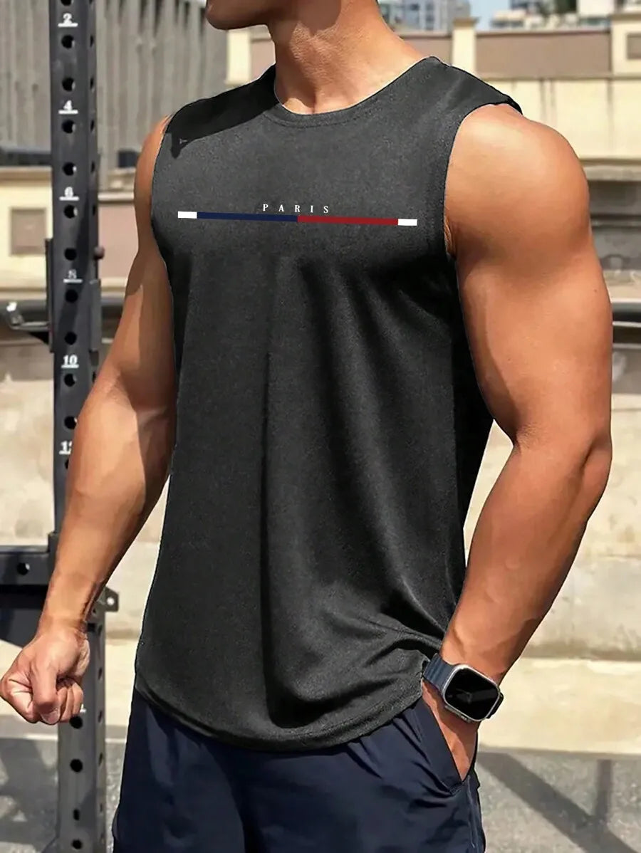 Men's Black Sleeveless Tank Top with Minimalist Color Bar Graphic