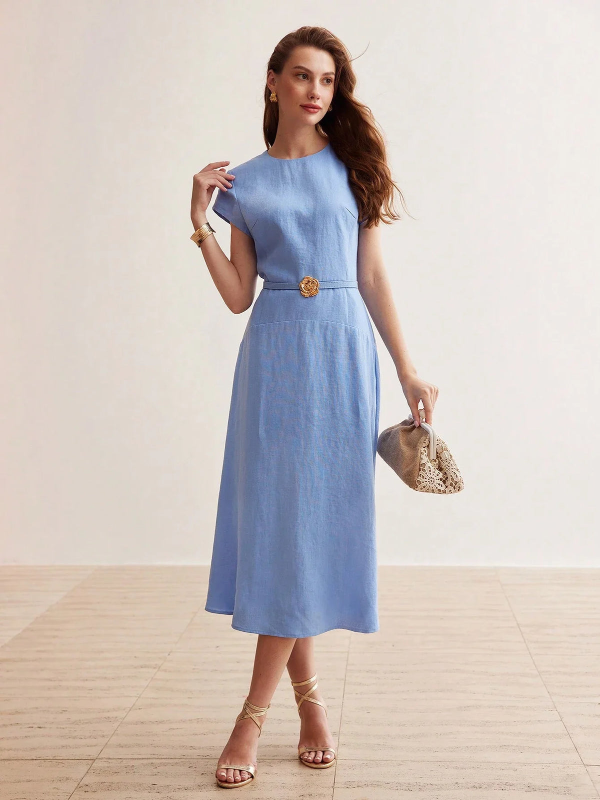 Linen Solid Color Floral Belted Midi Dress Summer Elegant Outfit