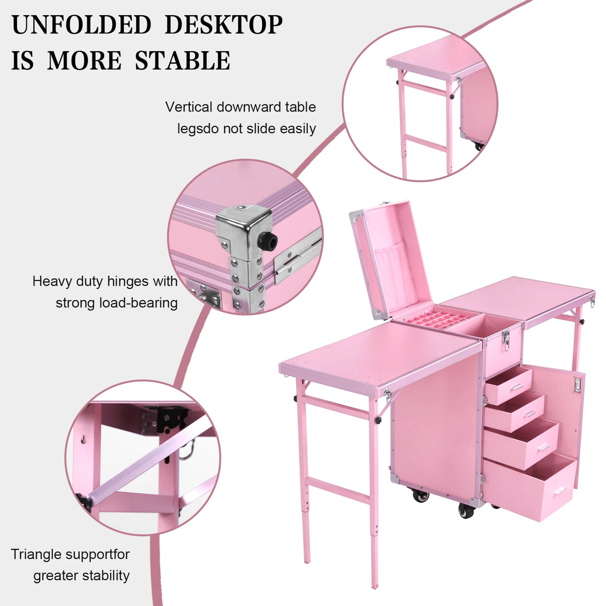 Foldable Rolling Manicure Table with Wheel & Drawers Rolling Nail Technician Workstation Large Capacity for Nails Tech & Salon