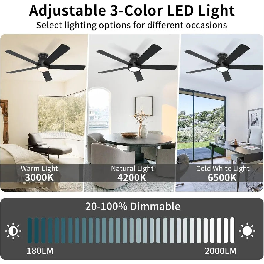 60 Inch Black Ceiling Fans with Lights and Remote LED Low Profile Flush Mount Ceiling Fan for Bedroom Living Room Quiet DC Moto
