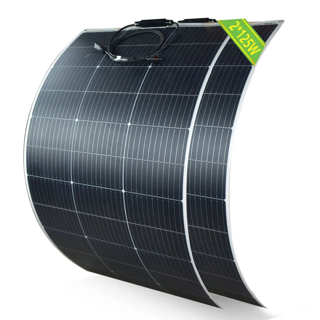 250W(2pcs 125w) Solar Panel 18V Monocrystaillne PV Model Flexible for 12v 24v Battery Charge Outdoor Use, Camping,Home Roof,RV