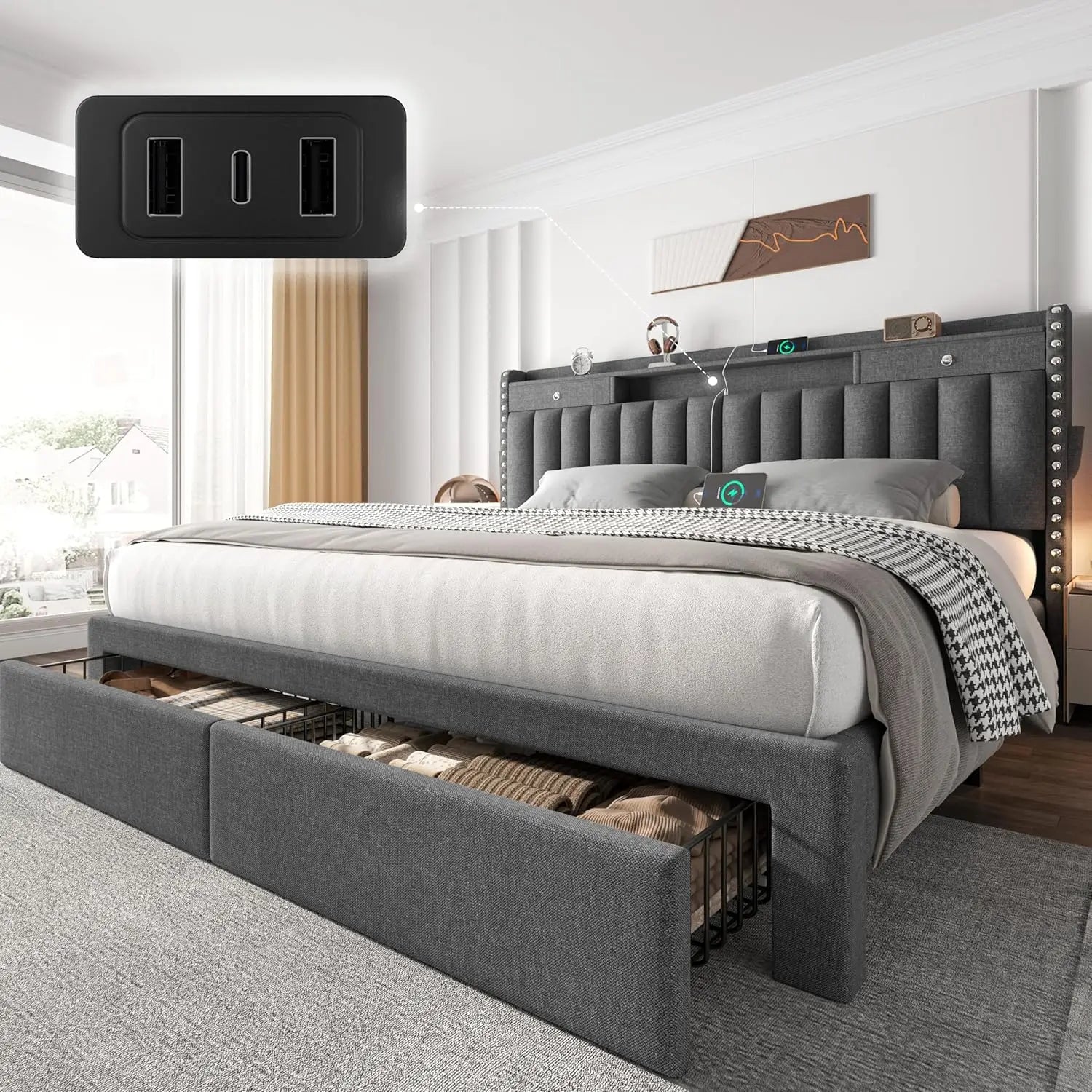 King Size Bed Frame with 4 Storage Drawers, Upholstered Platform King Bed Frame and Headboard, 3 USB & Type-C, Customized