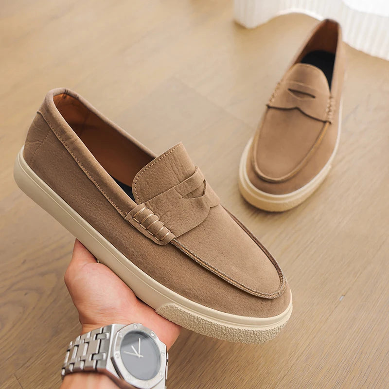 Men's Genuine Suede Moccasins: Black Round Toe, Decorative Flap, Stitching Accents, Brown Lining & Plush Comfort Fit