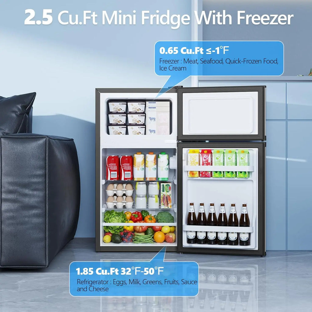 2.5 Cu.Ft Mini Fridge with Freezer, Double-Door Compact Refrigerator for Apartment/Dorm/Office, Silver