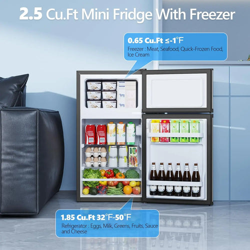2.5 Cu.Ft Mini Fridge with Freezer, Double-Door Compact Refrigerator for Apartment/Dorm/Office, Silver