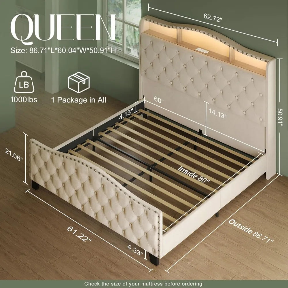 Belffin Queen Size Bed Frame and Headboard, 50.9 Velvet Upholstered Wingback Bedframe with LED Lights & Storage/Charging Station