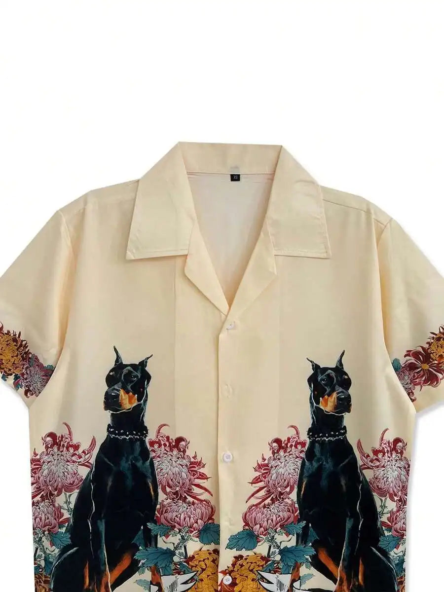 Men's Short Sleeve Casual Shirt with Floral & Canine Print, Beach Style
