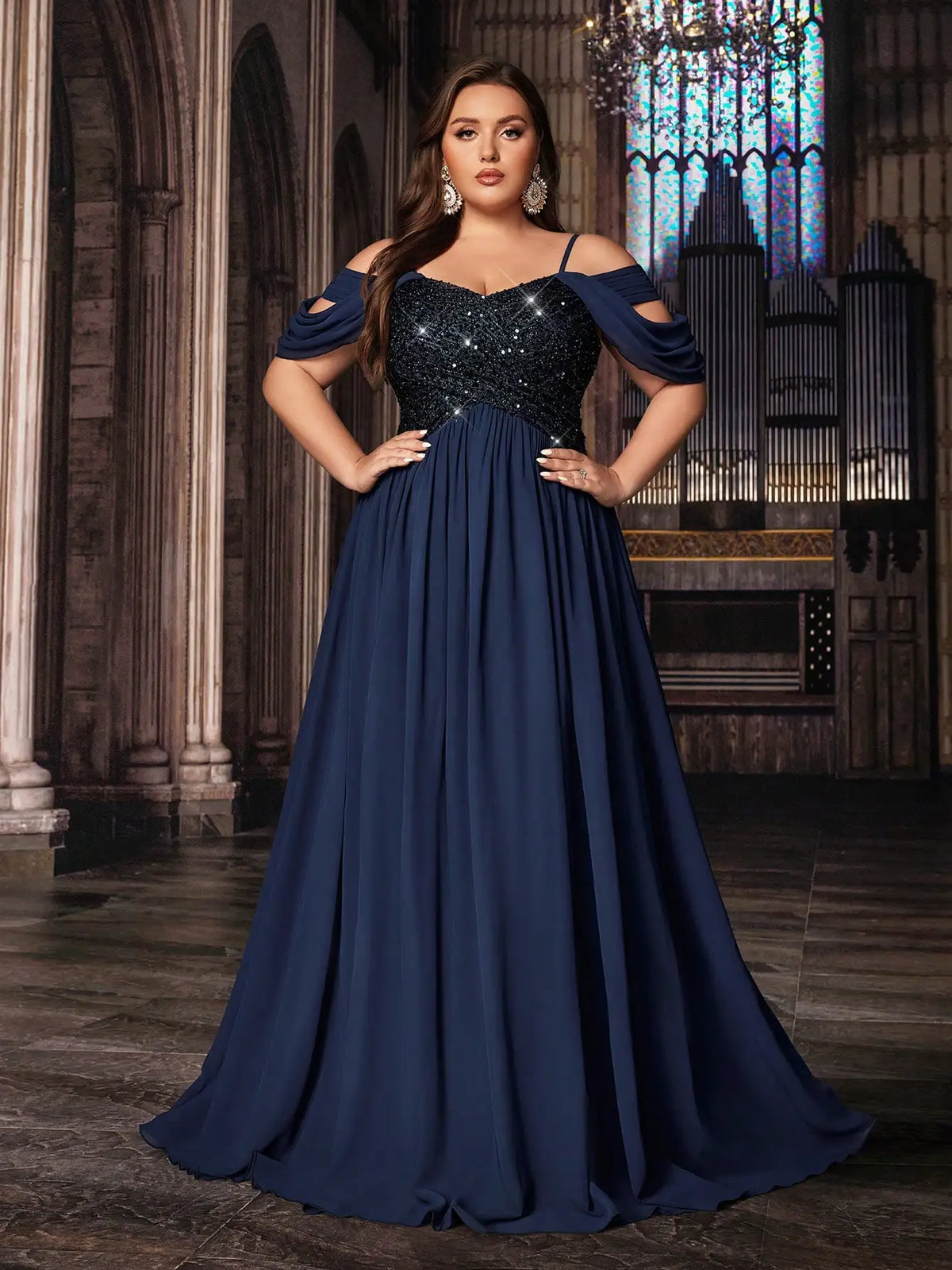 Navy Blue Plus Size Formal Evening Gown With Sequins Off Shoulder Floor Length
