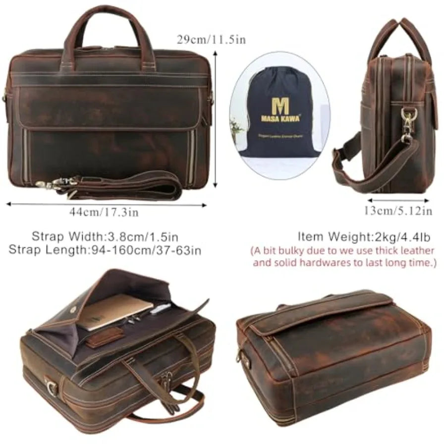 Masa Kawa Leather Briefcase for Men 15.6 17 Laptop Computer Case Business Travel Work Messenger Cross Body Shoulder Bag