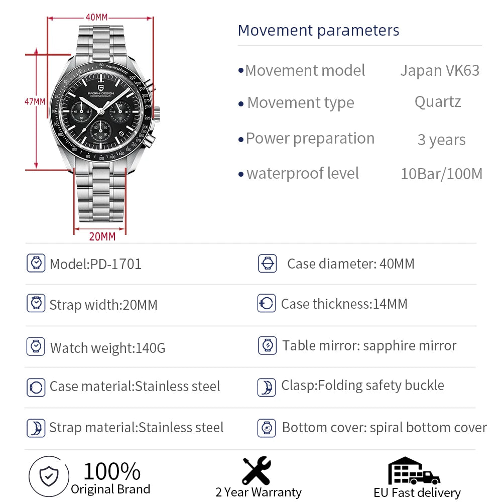 PAGANI DESIGN 2026 New Moon Men's Watches Luxury Quartz Watch For Men Sport Speed Chronograph AR Sapphire glass 100M Waterproof