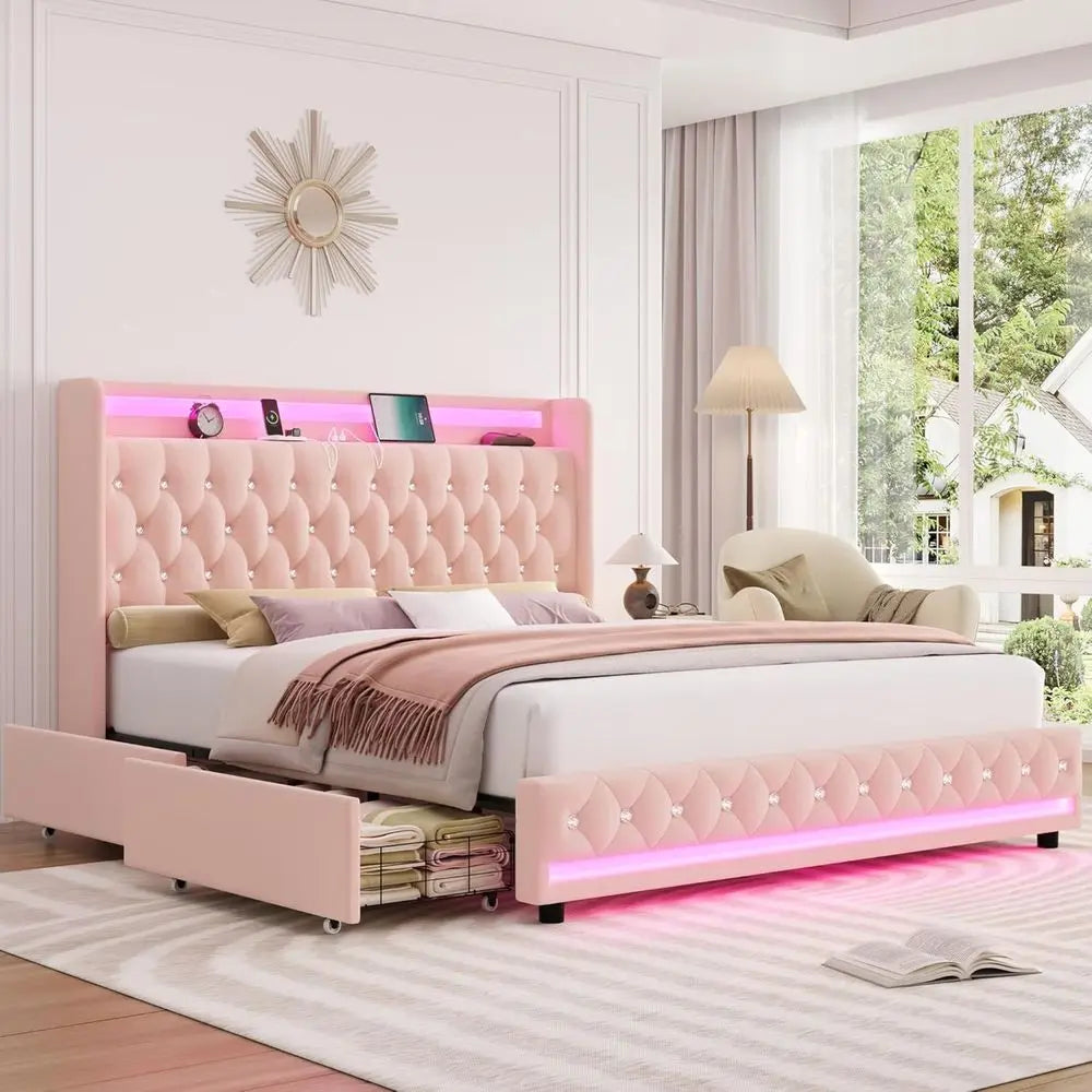 HIIT Upholstered Full Size LED Bed with Charging Station & 4 Storage Drawers, Velvet Crystal Button-Tufted Wingback Headboard, P
