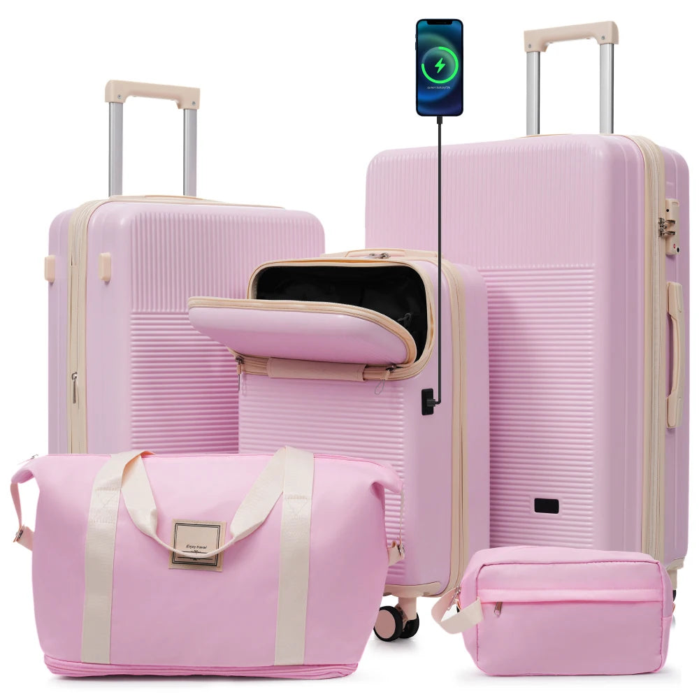 Lightweight 5PCS Hardside Luggage Set Half Opening Carry-on Suitcase Double Spinner Wheels USB TSA Lock Travel