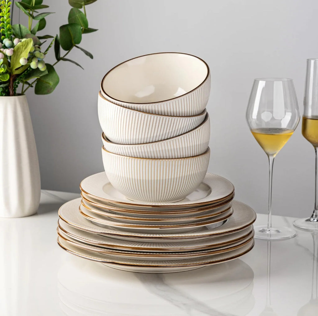 Ceramic Tableware Set12 Piece Ceramic Dinnerware Set Embossed Stoneware Plates and Bowls for 4 Perfect for Everyday Use and