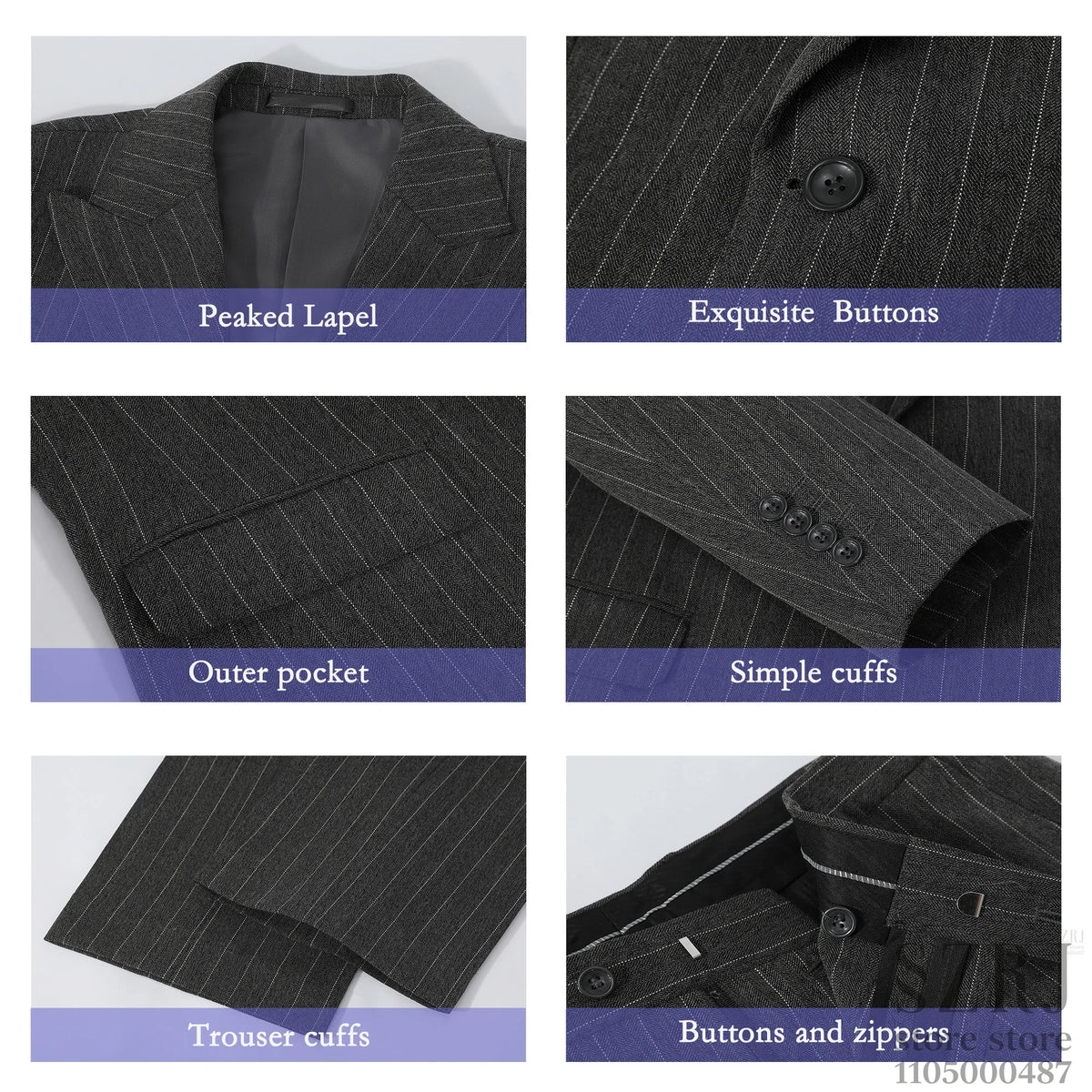 Men's 5-piece vertical striped suit+double button jacket+pants+white shirt+black tie, suitable for wedding/business/daily wear
