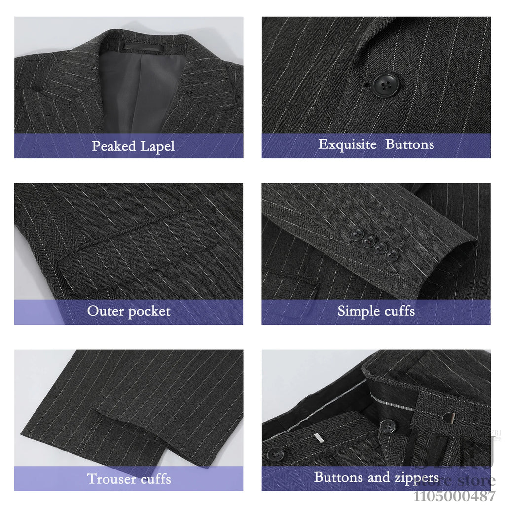 Men's 5-piece vertical striped suit+double button jacket+pants+white shirt+blue tie, suitable for wedding/business/daily wear