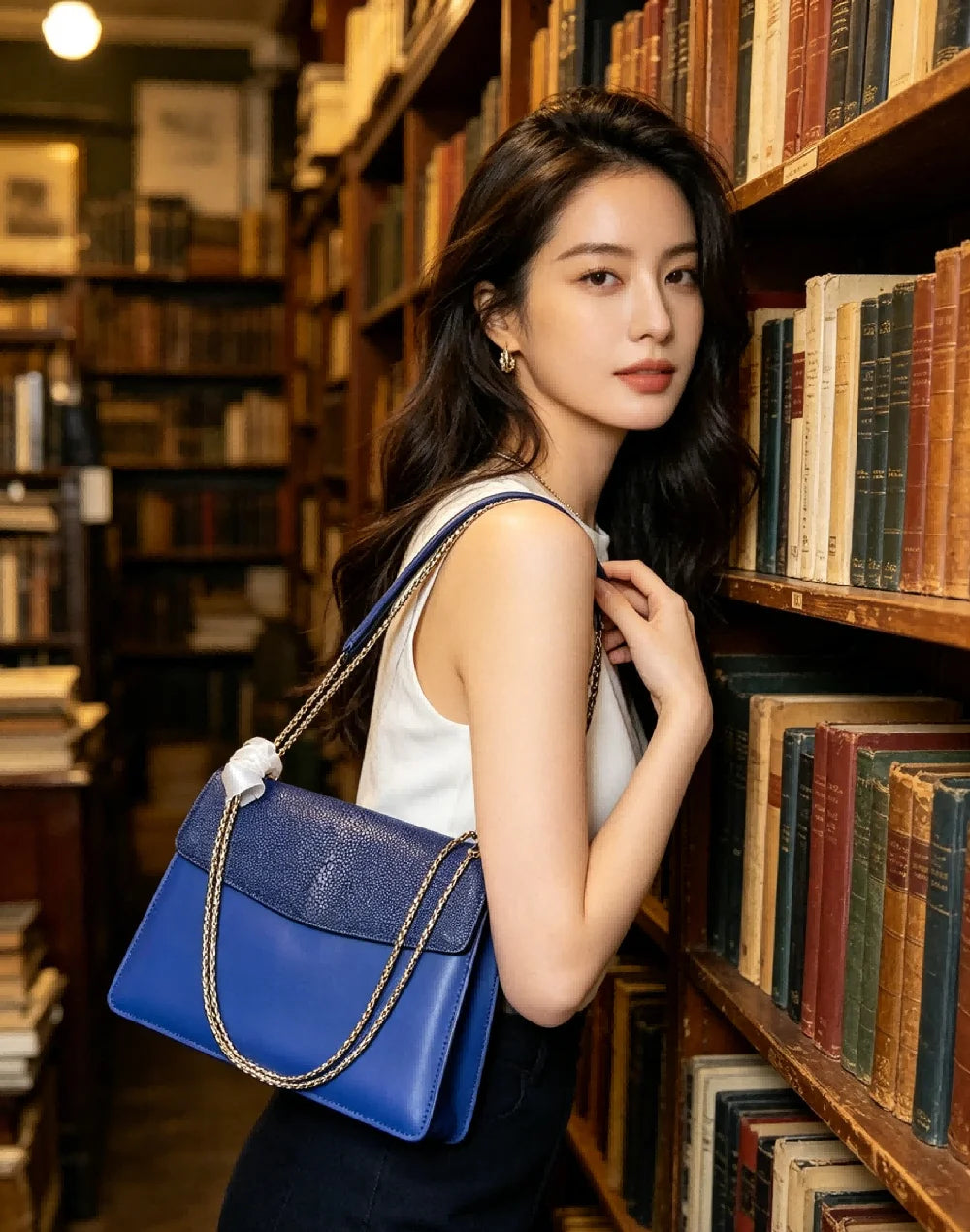 Luxury Blue Colorblock Leather Shoulder Bag for Women Elegant Flap Crossbody Handbag with Gold Chain for Party and Office