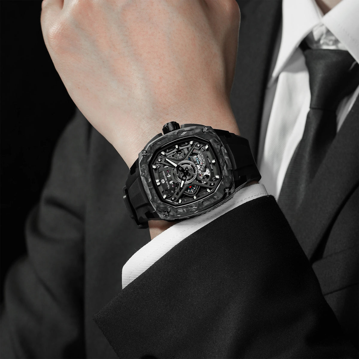 TSAR BOMBA Men's Luxury Mechanical Watch, Carbon Fiber Case, Luminous, 5ATM Waterproof, Viton Strap, Ideal Gift for Men