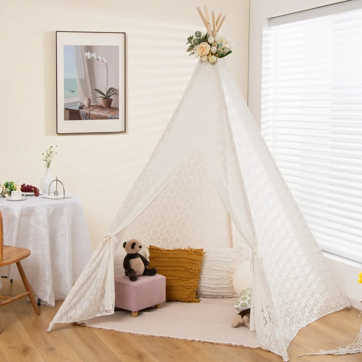 85" Height 5 Sides Huge Lace Teepee Tent for Kids Adult Wedding w/ Light Strings