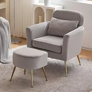 Accent Chair and Ottoman Set, Upholstered Flannelette Armchair for Living Room, Comfy Single Chair with Gold Feet & Footrest, In